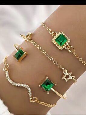 Gold-Plated Green Crystal Bracelet Set - Elegant Women’s Jewelry